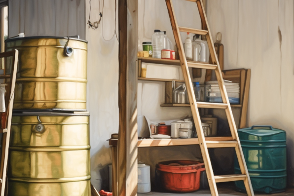 Ett förråd med tunnor och gamla färgburkar som exempel på farligt avfall