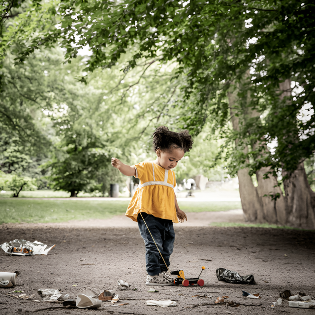 En flicka som leker med en leksakshund omringad av skräp.