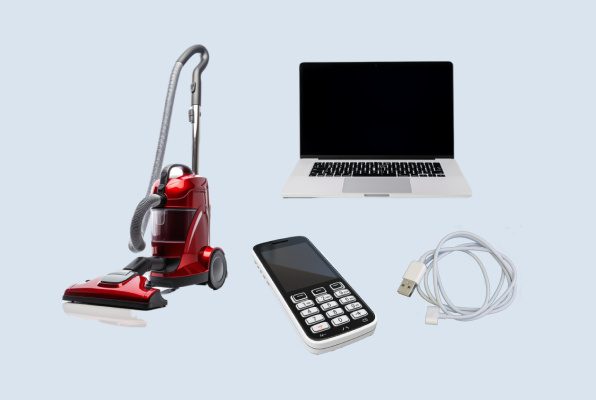 Bild på dammsugare, mobiltelefon, laddare och laptop som exempel