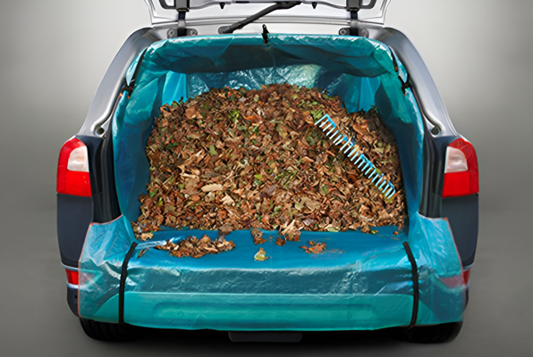 En blå bil fylld av löv i bagaget.